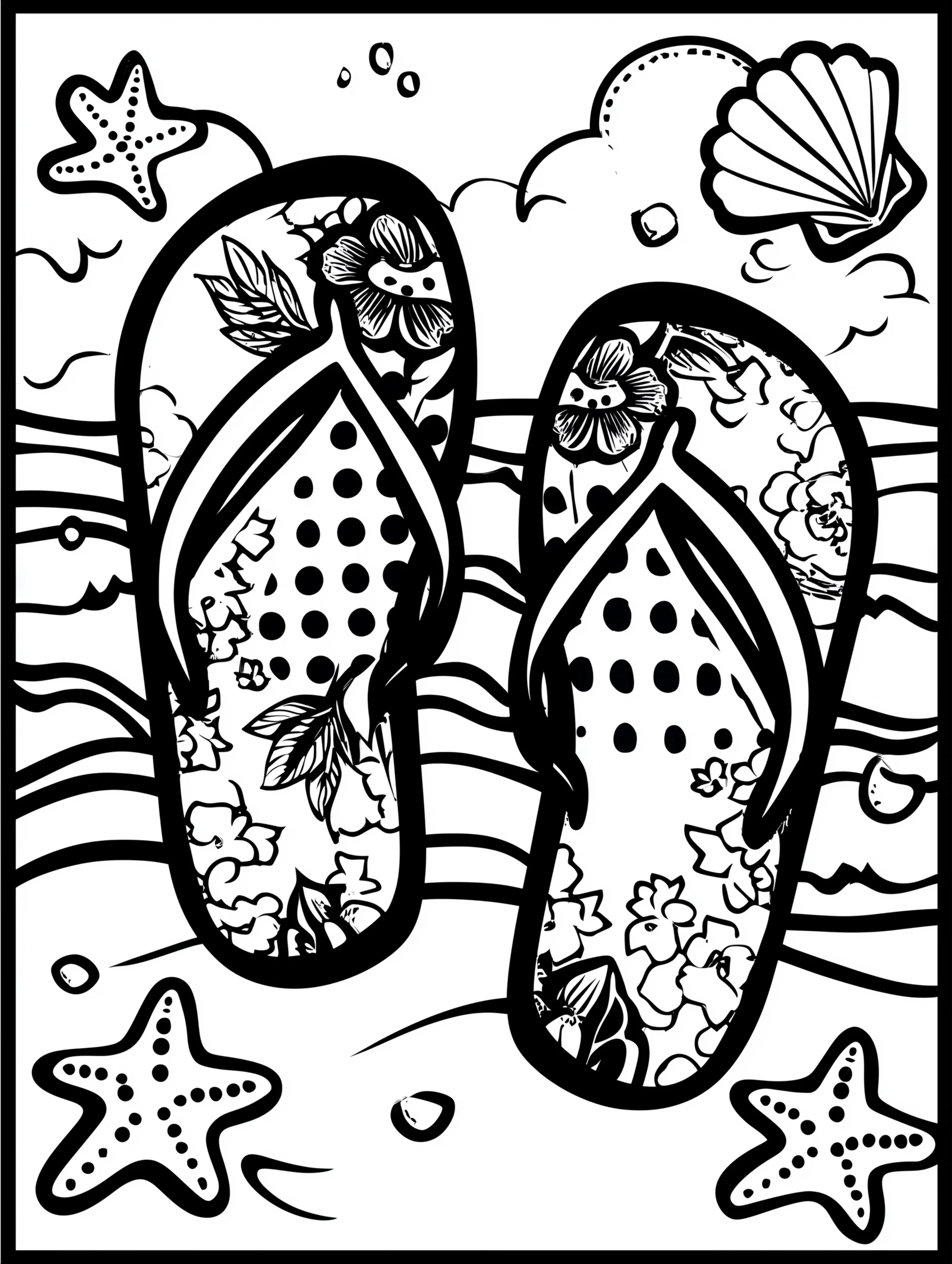 Free printable summer coloring page for adults featuring a pair of slippers with seashells